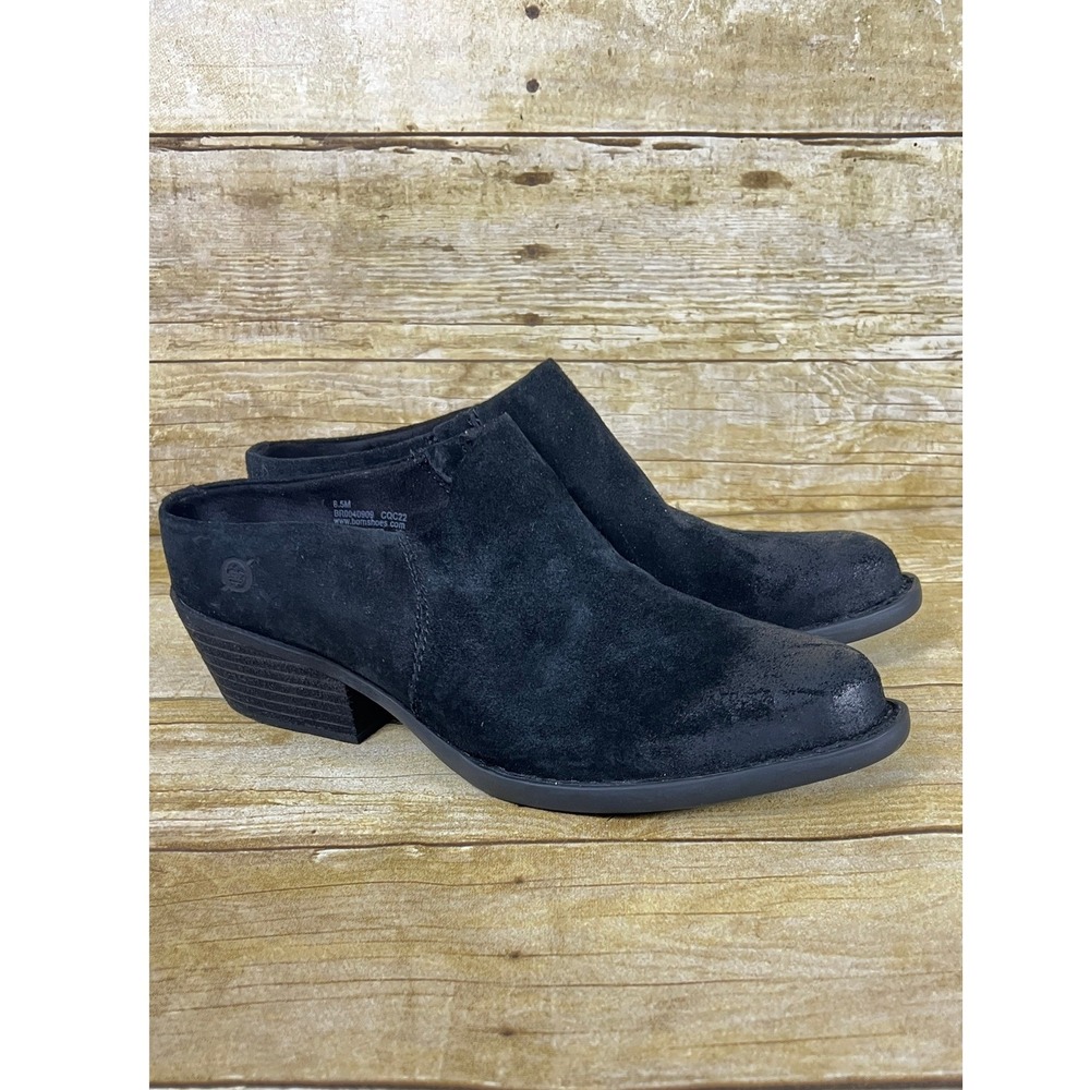 Born Womens Size 8.5  Black Suede Leather Mules Stacked Heel Clogs‎ Starr